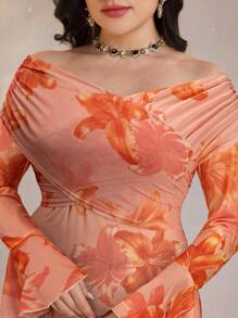 Modelyn Plus Size Floral Print Ruched Off Shoulder Elegant Long Sleeve Dress - Orange - View 5