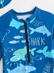 Baby Girl Cartoon Shark Print Zip-Up One-Piece Swimsuit With Hat - Blue - View 3