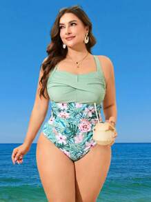 Swim Lushoire Plus Size Women's Summer Solid Color Twist Splice Tropical Fruit & Floral Print Ruched Tummy Cover Adjustable Swimsuit One-Piece - Multicolor - View 6
