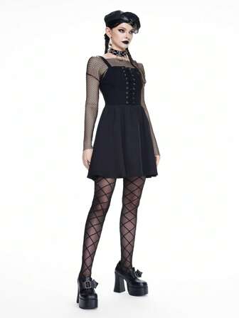 Robe à fines brides mini femme polyvalente de couleur unie avec décoration de cravate de poitrine gothique académique vintage