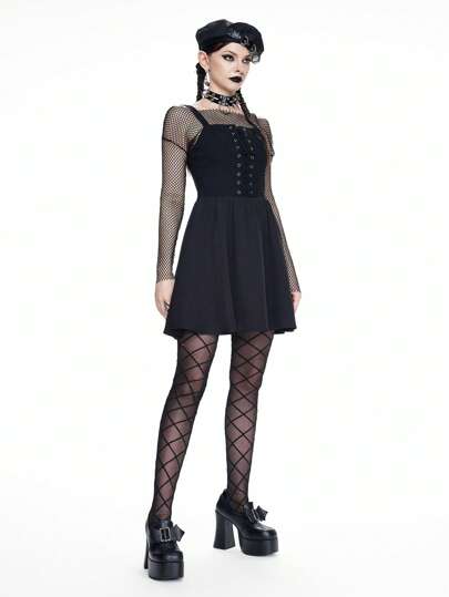 Vintage Academia Gothic Chest Tie Decor Solid Color Versatile Women Camisole Mini Dress