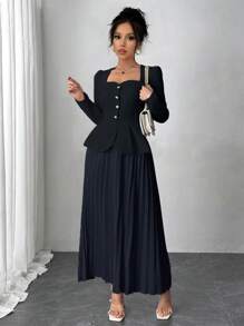 Chiquease Elegantes, modisches langes Kleid mit plissiertem Schmetterlingsdekoration für Damen, Maxikleid