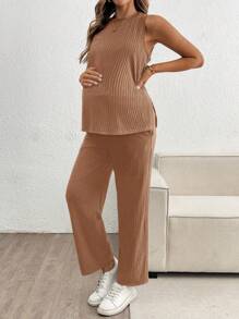 SHEIN Maternity Solid Rib-Knit Split Hem Tank Top & Pants Two Pieces Suits - Khaki - View 3