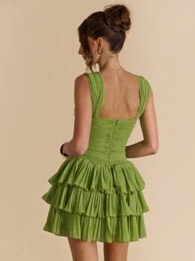 SHEIN BAE Green Solid Color Sexy Starfish Metal Decor Hollow-Out Ruffle Tiered Hem Elegant Dress, Suitable For Beach Vacation, Ruffle Graceful Dress, Brunch Dress