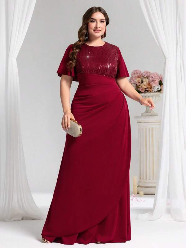 Coutiva Plus Size Solid Color Sequin Patchwork Elegant Crew Neck Short Sleeve Cocktail Party Dress,Woman Dress Western Dresses For Women Woman Easter Dress Prom Dresses For Woman Women Formal Gowns Woman Formal Plus