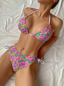 SHEIN Swim Fashion Vacation Sexy Ditsy Floral Lace-Up Women's Swimwear Set For Summer - Multicolor - View 3