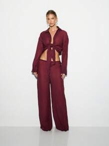 KIZN Pantalones palazzo amplios y elegantes, ropa de playa liviana con cordón en la cintura, pantalones de playa para vacaciones, eventos de verano y fiestas de noche - Rojo - Ver 3