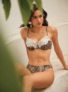 Anewsta Conjunto de bikini elegante y exquisito con estampado de leopardo, copas acolchadas y encaje, 25SS