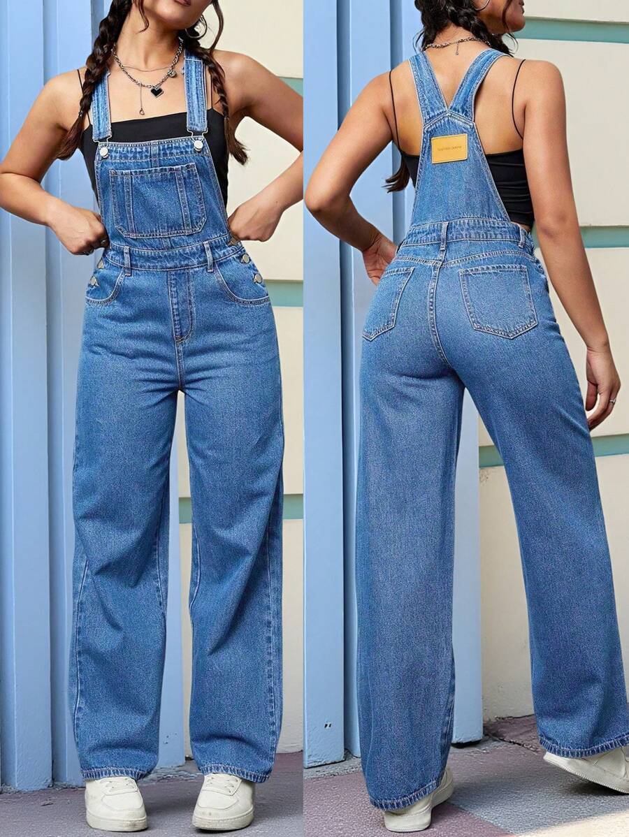 SHEIN PETITE Women's Loose Fit Pocketed Wide Leg Casual Denim Jumpsuit - Medium Wash - View 1