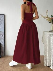 SHEIN Unity Deep V-Neck Sexy Halter Tie-Up Pleated Waist Dress - Red - View 2