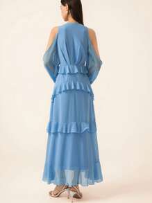 GENKIRA Romantic Italian Style Ruffle Deep V-Neck Ruffle Trim Chiffon Dress, Valentine's Day Elegant FashionableOld Money Style  For Summer - Blue - View 2
