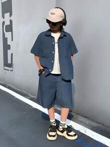 SHEIN Tween Boy 2pcs Blue Fabric Denim Loose Shirt & Shorts Set,Summer Street Life Casual Graphic Street Fashion,School Back-To-School Kids Clothes - Blue - View 3