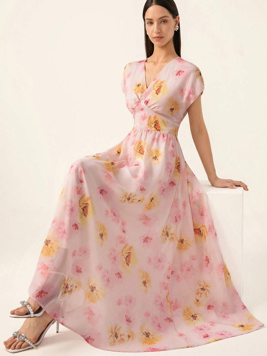 Aveloria Rosie Vestido corto de manga corta con estampado de teñido anudado, cuello en V, hombros caídos, cintura ceñida, plisado en el busto, diseño semitransparente de alta gama, estilo elegante y de moda con estampado total para mujer en verano