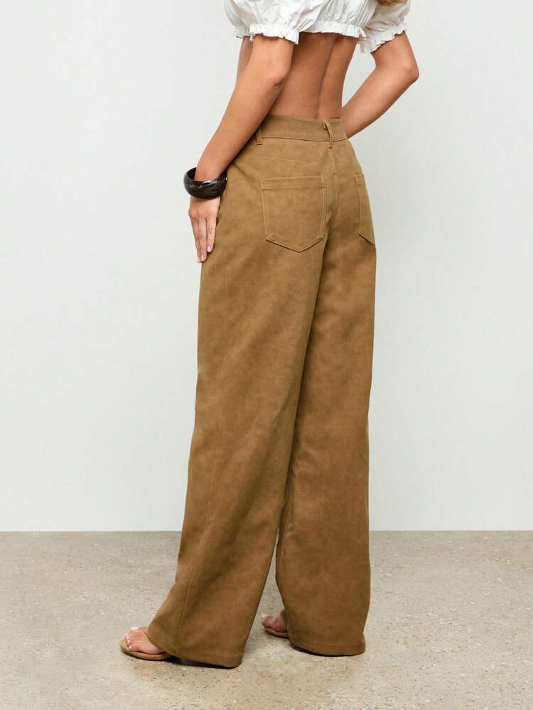 Pantaloni retrò a vita alta con gamba larga effetto scamosciato