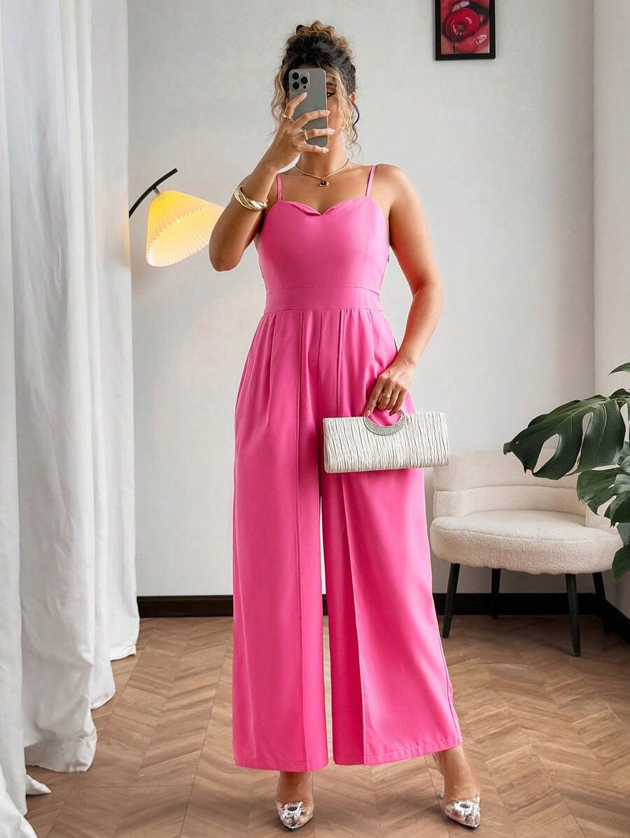 Flirla Bộ đồ liền thân ống rộng màu trơn cỡ lớn, mùa hè - Hồng - Xem 1