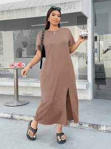 SHEIN EZwear Vestido casual holgado de manga corta con abertura para mujer de talla grande en color marrón