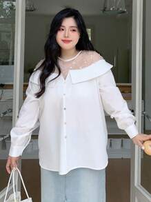 Dazy Plus Contrast Mesh Collar Pullover Long Sleeve White Shirt