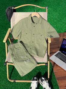 SHEIN Tween Boy 2pcs/Set Sage Green Denim Short-Sleeved Top Lapel Shirt & Cut-Out Shorts,Summer Casual Vacation Kids Chic Mix-And-Match Dailywear Clothes - Army Green - View 1
