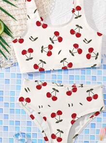 Set da bagno minimalista e casual per ragazze con stampa di ciliegie, composto da canotta e slip, adatto per l'estate