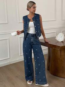 Livesso 2pcs Women Summer Butterfly Print Casual Open Front Vest And Loose Denim Pants Jeans Set