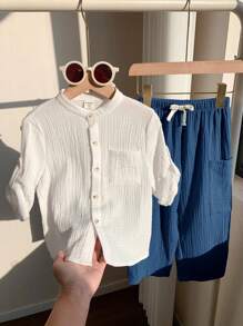 SHEIN 2pcs/Set Boys Casual Sports Vacation Clean Design White Collar Short Sleeve Shirt & Elastic Waist Pocket Solid Color Pants Set, Suitable For Kids Outfits, Young Boy Clothes, Back To School, Birthday Parties, Evenings, Performances, Weddings, Valentine's Day, Everyday Use, School, Travel, Sports, Spring And Summer - Multicolor - View 6