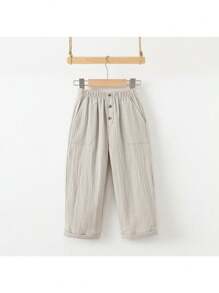 Loomiva Young Boy Solid Color Elastic Waist Button Design Pocket Tapered Pants - Grey - View 1