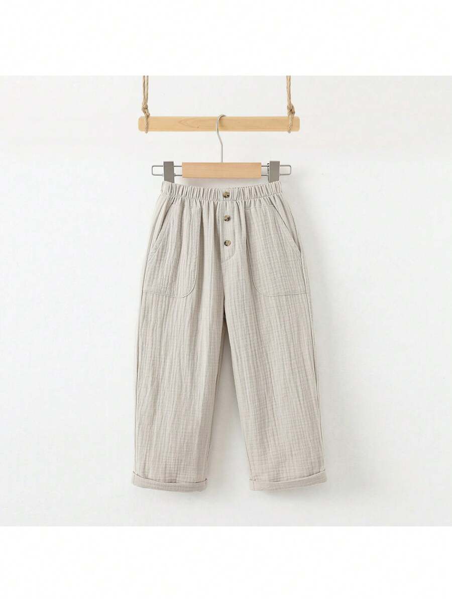 Loomiva Young Boy Solid Color Elastic Waist Button Design Pocket Tapered Pants - Grey - View 1