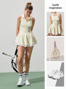 CourtClass 女士瑜伽健身无袖修身网眼 Polo 领连衣裙，舒适短裤带口袋，适合运动、跑步、休闲、户外、通勤运动服 - 黃色 - 查看 3