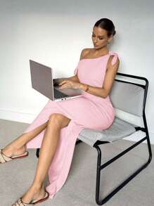 Siren Gaze Đầm thanh lịch cổ bẻ thắt nút màu trơn cho nữ - Hồng - Xem 3