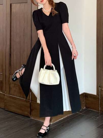 SHEIN 少女白黑撞色纯色 V 领纯色简约褶皱夏季派对短袖连衣裙，适合派对、通勤优雅、购物，适合婚礼、生日派对、舞会和伴娘场合