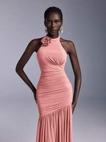 Elitara Elegant Halter Neckline 3D Floral Chest Ruched Mesh Sheer Fish Tail Bridesmaid Dress - Coral Pink - View 3