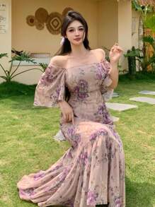 DAZY Vestido de gasa con estampado floral en todo el diseño, cuello cuadrado, volantes en el bajo y longitud hasta la pantorrilla para vacaciones de mujer - Morado - Ver 5