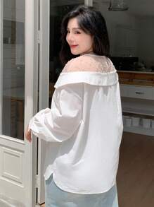 Dazy Plus Contrast Mesh Collar Pullover Long Sleeve White Shirt