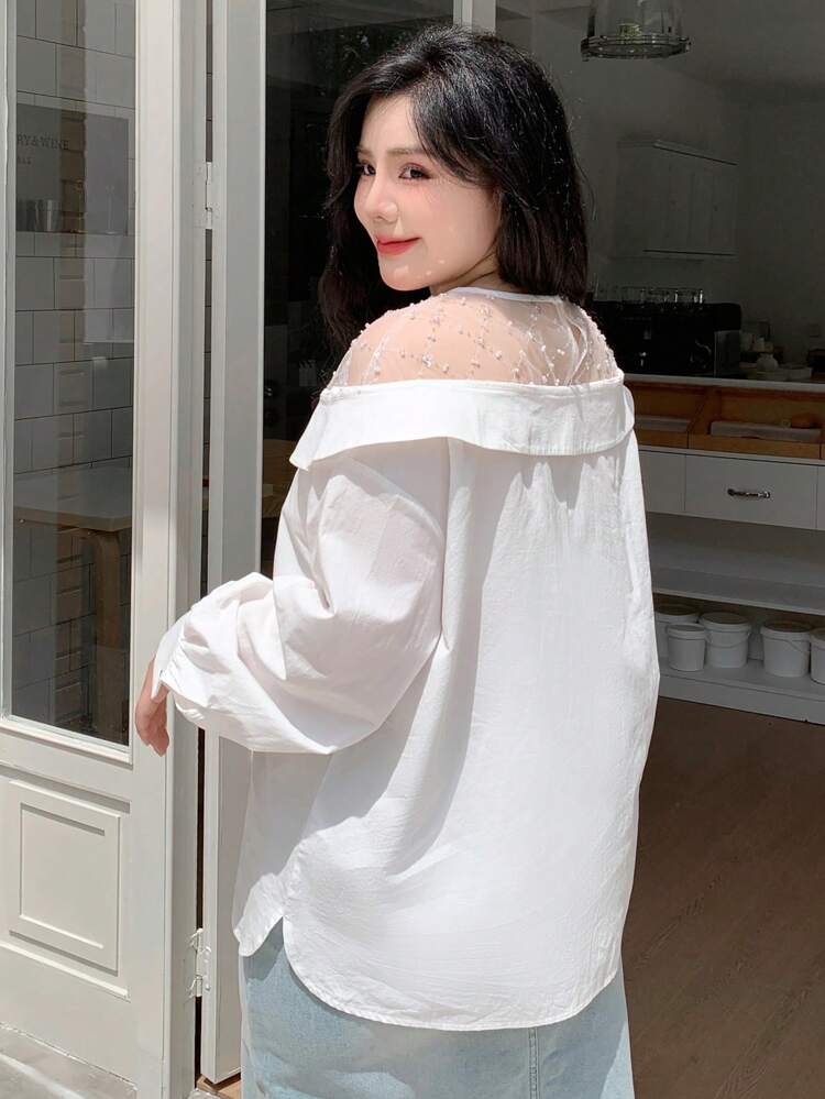 Dazy Plus Contrast Mesh Collar Pullover Long Sleeve White Shirt