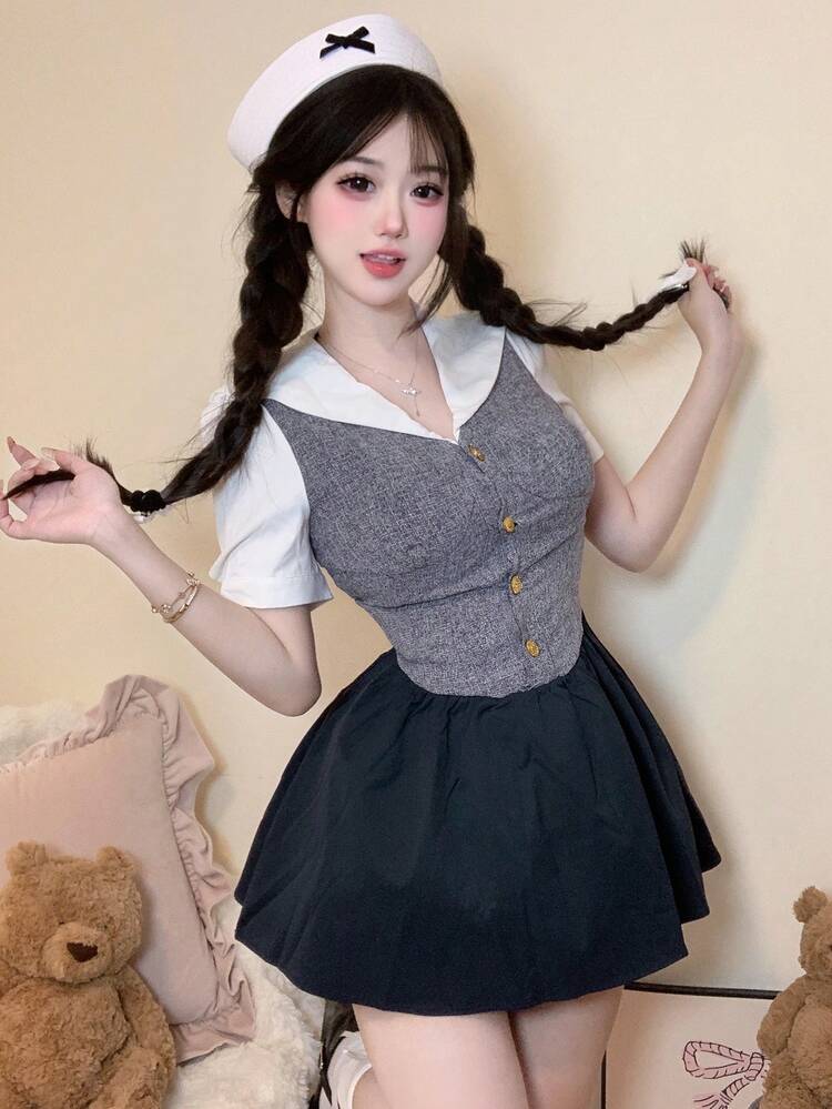Navy Collar Ruffle Dress Slim-Fit American Sailor Style College Dress,Mini Dress,Casual Women Dresses