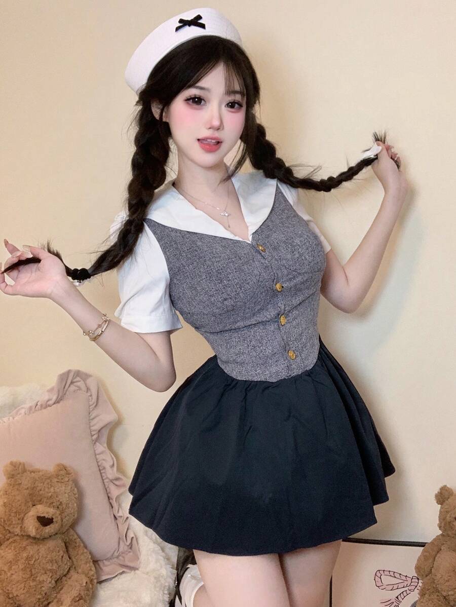 DAZY Navy Collar Ruffle Dress Slim-Fit American Sailor Style College Dress,Mini Dress,Casual Women Dresses - Blue - View 1