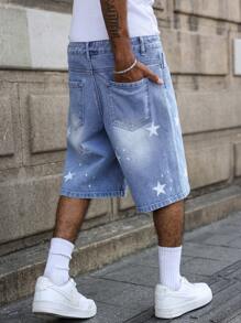 Manfinity Hypemode Men's Casual Star Print Denim Shorts, Summer College Going Out Urban Hang Out National Park