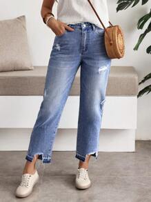 Breezaya Women's Ripped Distressed Denim Jeans, Minimalist & Fashionable, Suitable For Summer - Blue - View 3