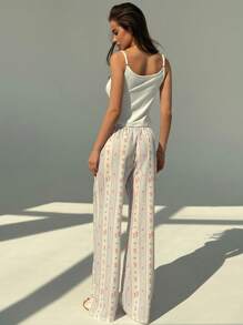 Aloruh New Summer Comfortable Low Waist Cute Floral & Striped Print Home Pants, Lightweight - Baby Blue - View 2