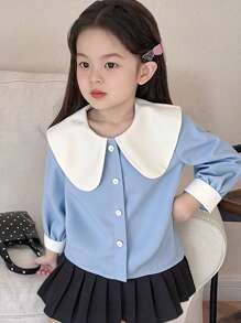 SHEIN Suéter de niña en talla pequeña para primavera/verano con diseño a juego en el cuello, blusa holgada versátil y casual de estilo coreano con manga larga - Azul - Ver 1