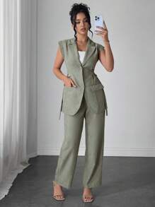 Modelyn Women's Elegant Modern Side Cinched Waist-Up Waist Design 2 Pieces Set, Bamboo Knit, Spring/Summer - Army Green - View 5