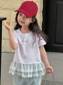 DAZY Young Girl Round Neck Letter Print Lace Panel Short Sleeve T-Shirt,Girls Summer Outfits
