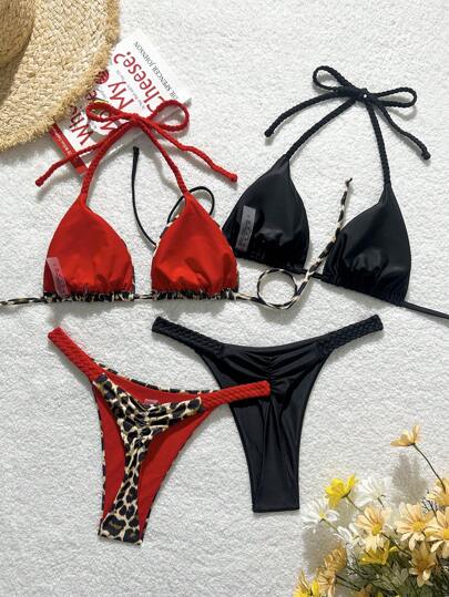 SHEIN 4 件套女士性感豹纹纯色背心，露背编织肩带丁字裤比基尼泳装套装，夏季