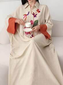 SHEIN Najma Túnica con mangas tipo murciélago y puños bordados de color contrastante, estilo modesto tipo kaftan