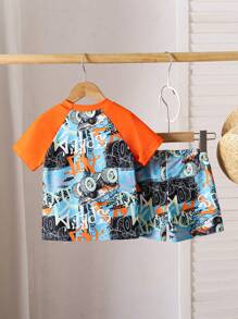 SHEIN Playful Pals Young Boy Cartoon Car Pattern Short Sleeve Swimsuit Set (Rash Guard & Shorts) - Multicolor - View 2