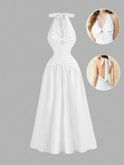 SHEIN MOD Halter Lace Splice Chest Design Charming Dress,Concert ,Graduation ,Romantic ,Festival, Elegant,Party,Wedding Guest,Tea Party ,Modest ,Prom ,Club,Fairycore,Classy Outfits For Women,Bachelorette,Backles,Sexy ,Bow,Coquette ,Lace,Going Out Dress