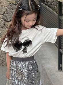 DAZY Camiseta de Malha de Manga Curta e Decote Redondo para Meninas (Pequenas), Verão - Branco - Visão 5