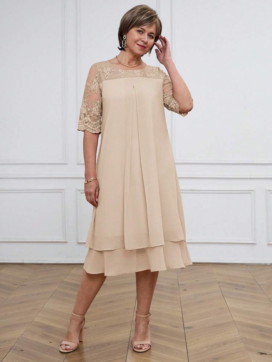 Miaspire 女士优雅层叠蕾丝拼布连衣裙 - 卡其色 - 查看 1