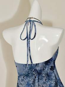 SHEIN ICON 女式性感复古露背挂脖衬衫，夏季 - 藍色 - 查看 4