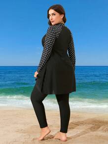 Swim Mulvari Plus Size 2pcs/Set Women Black Polka Dot Print Long Sleeve Top And Long Pants Modest Swimsuit Set For Summer Beach Holiday Vacation Cover Up - Black - View 2